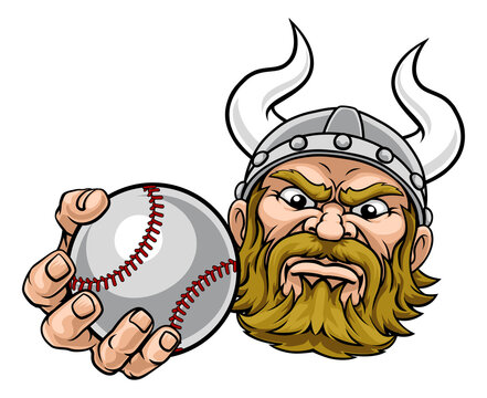 A viking warrior or barbarian baseball sports mascot cartoon character holding a ball