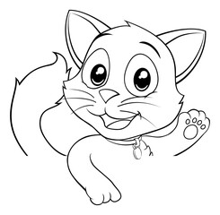 A cat cute cartoon kitten animal peeking around a sign in black and white outline like a kids coloring book page