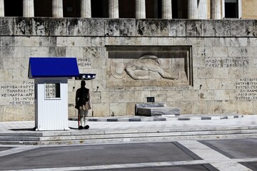 Greece, Athens, June 16 2020 - One of the most touristic spots in Athens - the Tomb of the Unknown Soldier with the Presidential Guards - is empty of visitors. 
