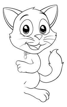 A cat cute cartoon kitten animal peeking around a sign in black and white outline like a kids coloring book page