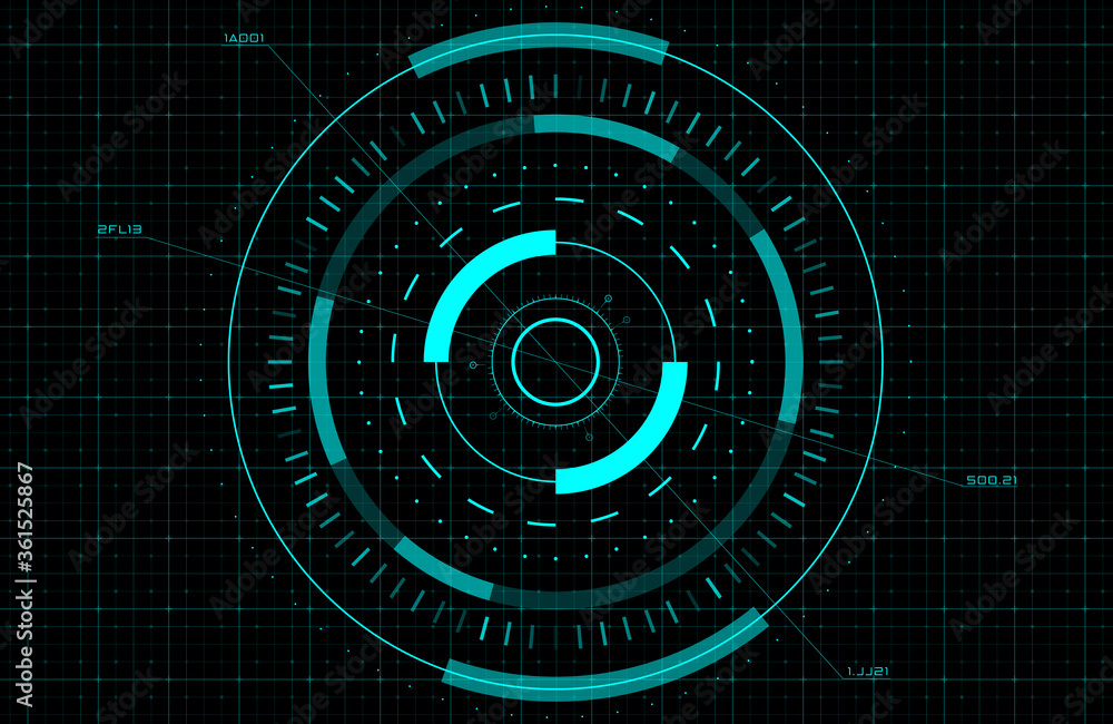 Poster HUD, GUI, FUI circle target. Sci-fi round head-up display for futuristic user interface. Tech and science theme. Editable stroke. Good for animation. Vector