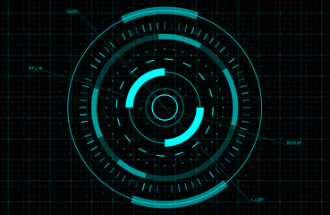 HUD, GUI, FUI circle target. Sci-fi round head-up display for futuristic user interface. Tech and science theme. Editable stroke. Good for animation. Vector