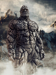 Fantasy stone giant made of rock standing in front of snowy mountains. 3D render. - obrazy, fototapety, plakaty
