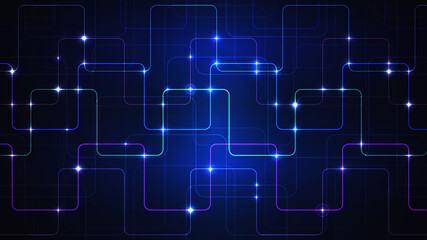 Illustration of a techno technology design of luminous lines on a dark blue background. The modern concept of digital technology.
