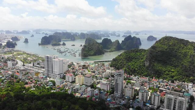 High quality royalty free stock footage, Aerial view of Sun World Halong park, with Sun Wheels and underwater games. Halong City, Vietnam.