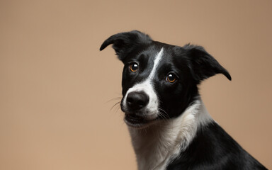 isolated black and white border collie close up head shot portrait in the studio on a beige brown background paper looking at the camera - obrazy, fototapety, plakaty