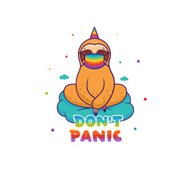 The composition Sloth with mask rainbow on the cloud. Funny cartoon character for posters, t-shirt design