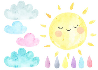 Watercolor cute sun, clouds, drop, rain weather watercolor set. Sunny, sunshine, sky, sweet dreams. Watercolor prints, baby shower, greeting card. Hand drawn illustration. Nursery decor. Scandinavian	