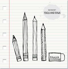 Doodle of eraser and pencils.Sketch vector set in doodle style 