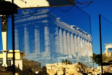 Greece, Athens, June 16 2020 -  Plexiglass separators have been installed at Acropolis' Propylaia...