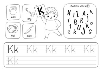 Kids learning material. Worksheet for learning alphabet. Letter K. Black and white.