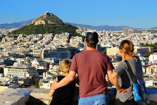 Greece, Athens, June 16 2020 - Viewpoint on Acropolis hill with panoramic view to Athens city.