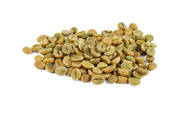 Pile of raw green bean coffee isolated on white background