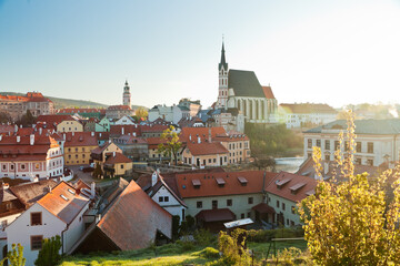 Fototapeta premium Cesky Krumlov from above during golden hour after sunrise during coronavirus lockdown