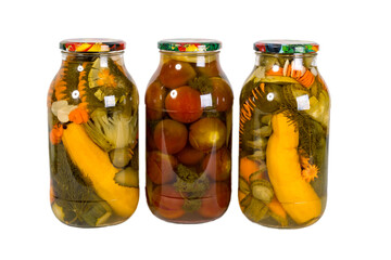 Preserved vegetables on white background. Homemade blanks.