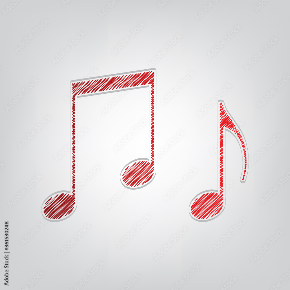 Aufkleber music notes sign. red gradient scribble icon with artistic contour gray string on light gray backgro