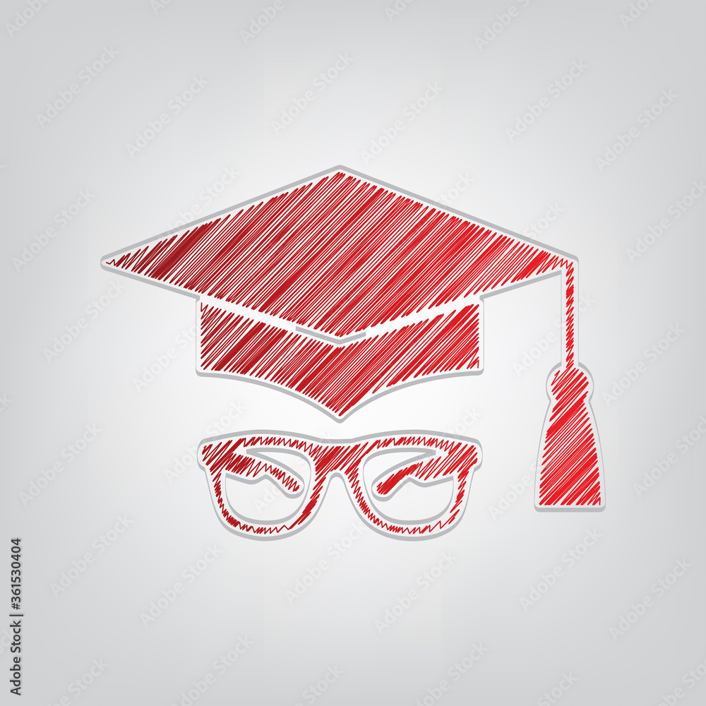 Poster mortar board or graduation cap with glass. red gradient scribble icon with artistic contour gray str