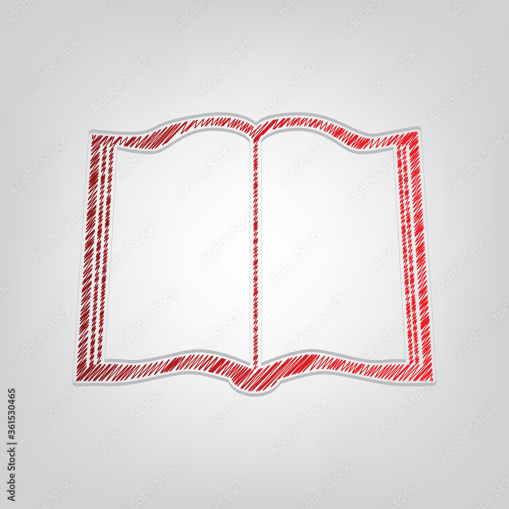 Poster book sign. red gradient scribble icon with artistic contour gray string on light gray background. il