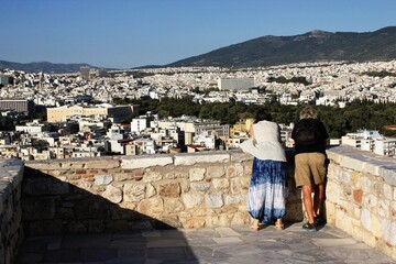 Greece, Athens, June 16 2020 - Viewpoint on Acropolis hill with panoramic view to Athens city.