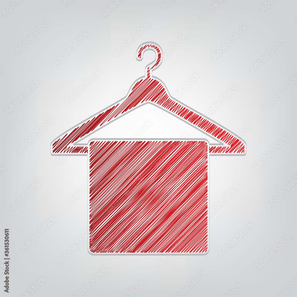Poster towel on hanger sign. red gradient scribble icon with artistic contour gray string on light gray bac
