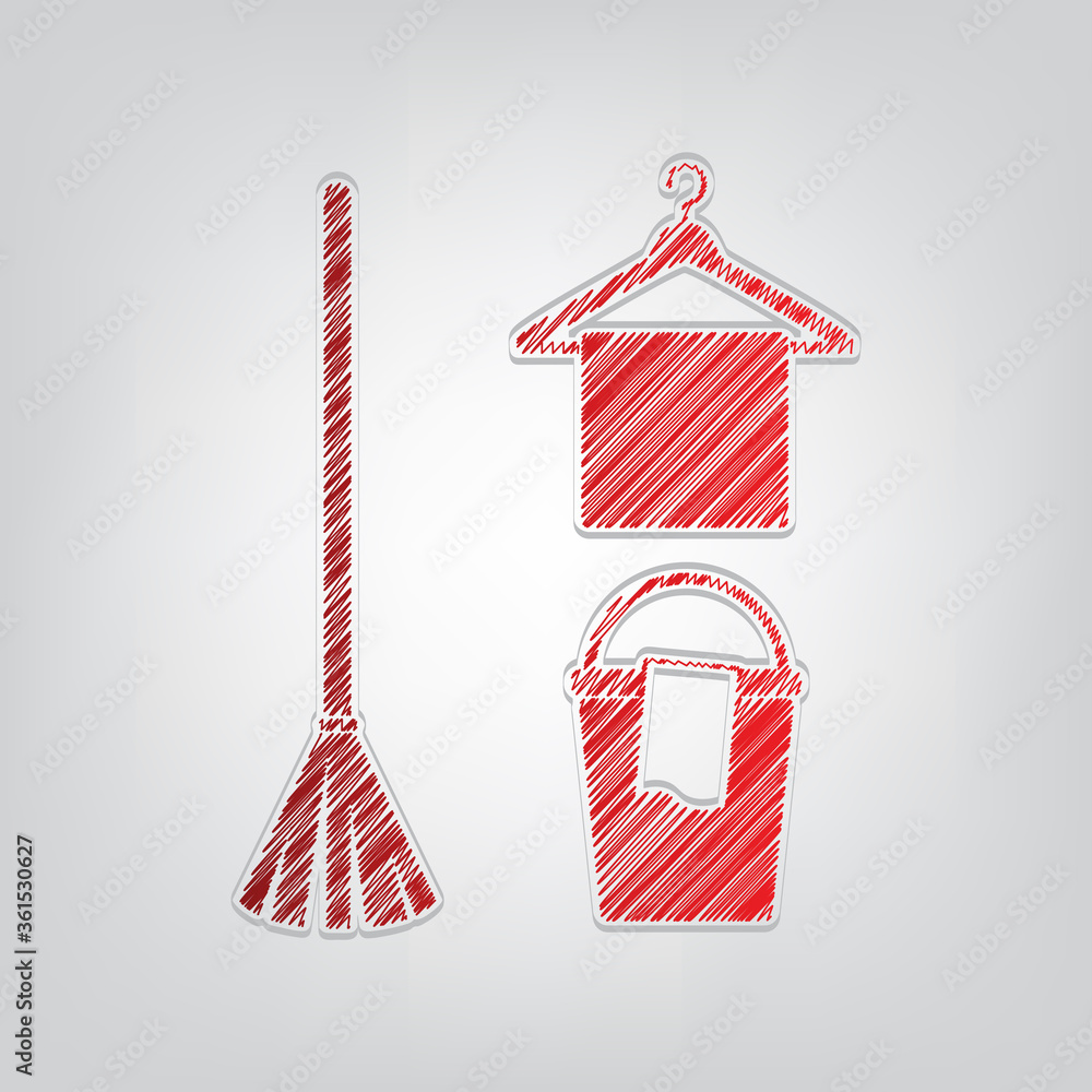 Poster broom, bucket and hanger sign. red gradient scribble icon with artistic contour gray string on light