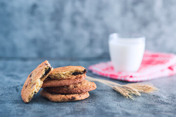 Stacked home made cookie view with a glass of milk and wheat spike studio shot