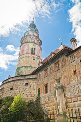 Fototapeta na wymiar Detail of Cesky Krumlov castle tower bottom up