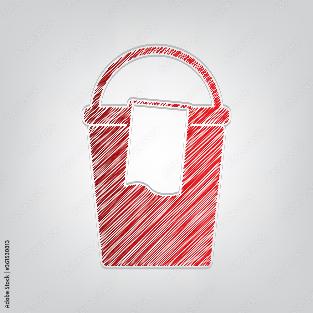 Poster bucket and a rag sign. red gradient scribble icon with artistic contour gray string on light gray ba
