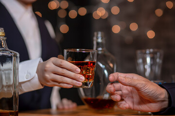 Bartender Serve Whiskey, on wood bar,