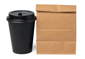 Craft paper bag with coffee cup on white background