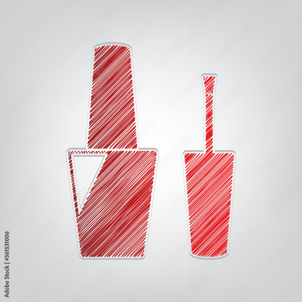 Poster nail polish sign. red gradient scribble icon with artistic contour gray string on light gray backgro