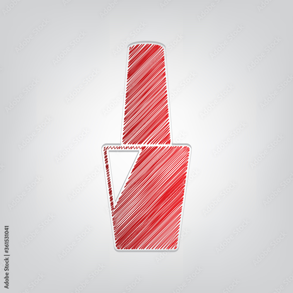 Poster nail polish sign. red gradient scribble icon with artistic contour gray string on light gray backgro