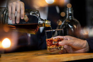 Bartender Serve Whiskey, on wood bar
