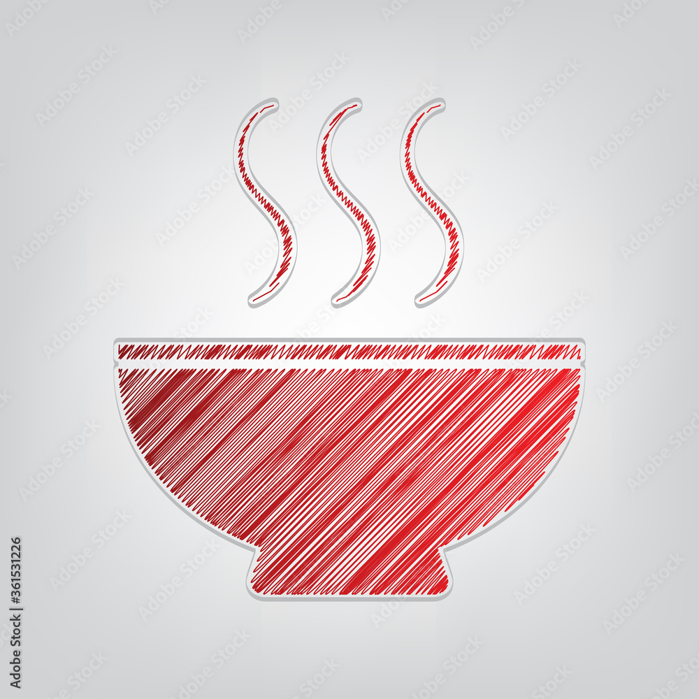 Poster soup sign. red gradient scribble icon with artistic contour gray string on light gray background. il