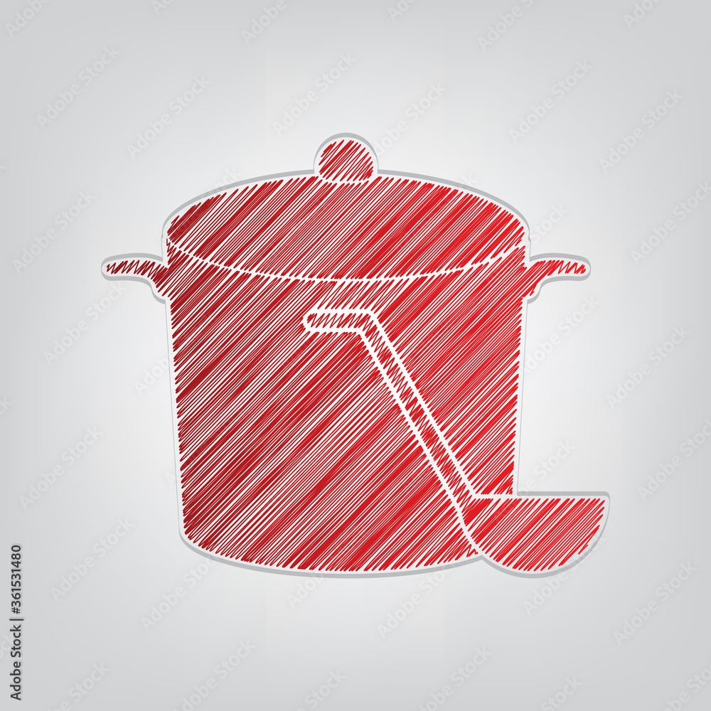 Poster pan with steam sign. red gradient scribble icon with artistic contour gray string on light gray back
