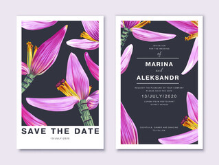 Wedding invitation template with tropical banana grass flowers. Minimalistic, vector botanical design in realistic style. Trendy template for discount banners, greeting cards, posts on social networks