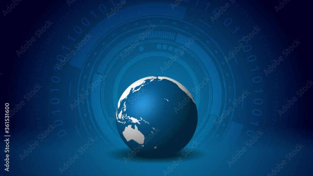 Wall mural hi-tech and science dark blue motion design with globe, hud gear and circular binary code