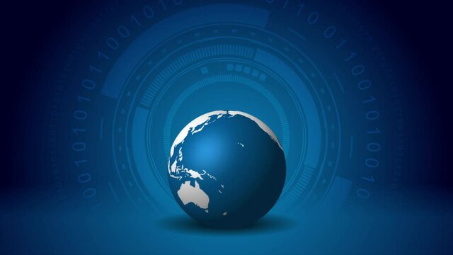 Hi-tech and science dark blue motion design with globe, HUD gear and circular binary code