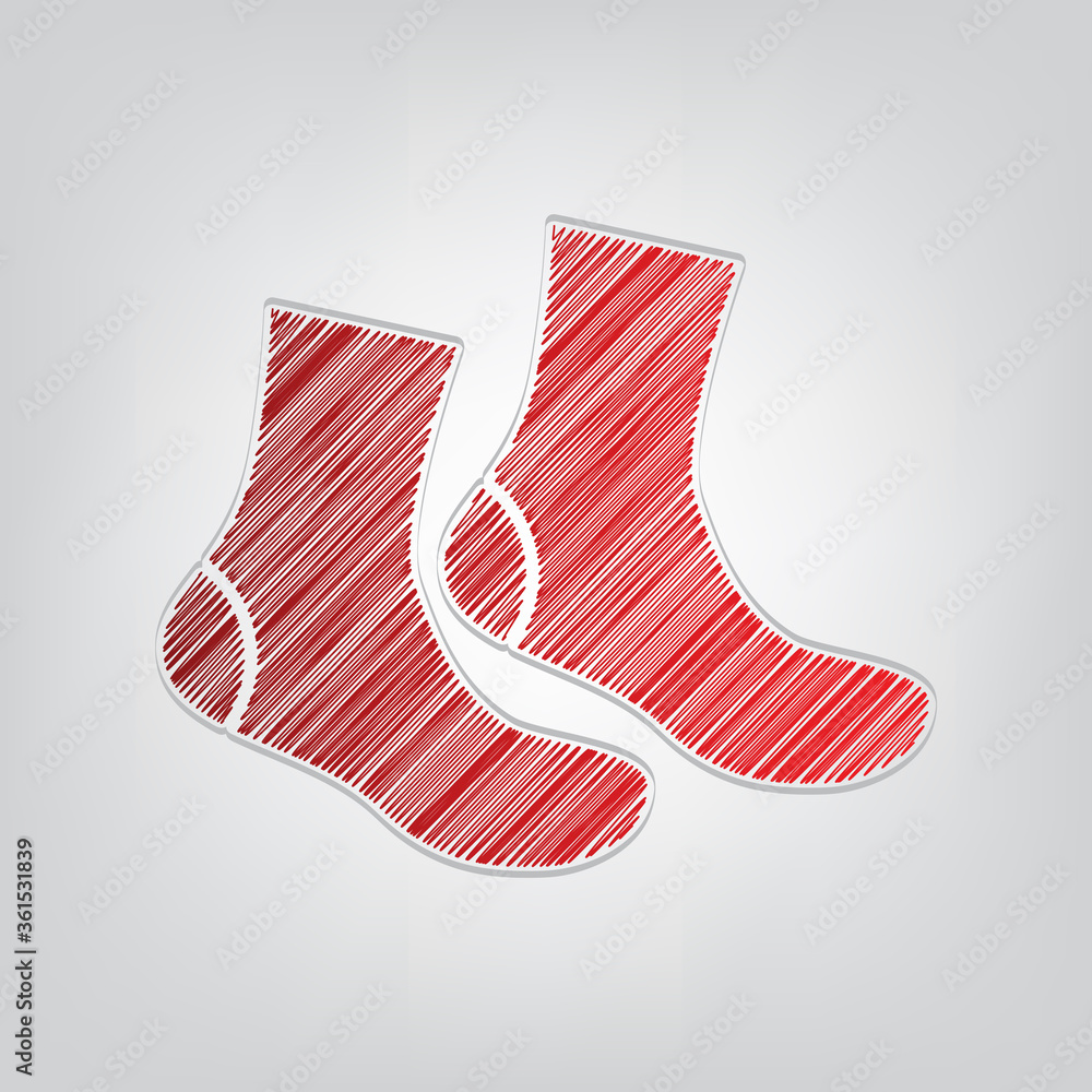 Poster socks sign. red gradient scribble icon with artistic contour gray string on light gray background. i