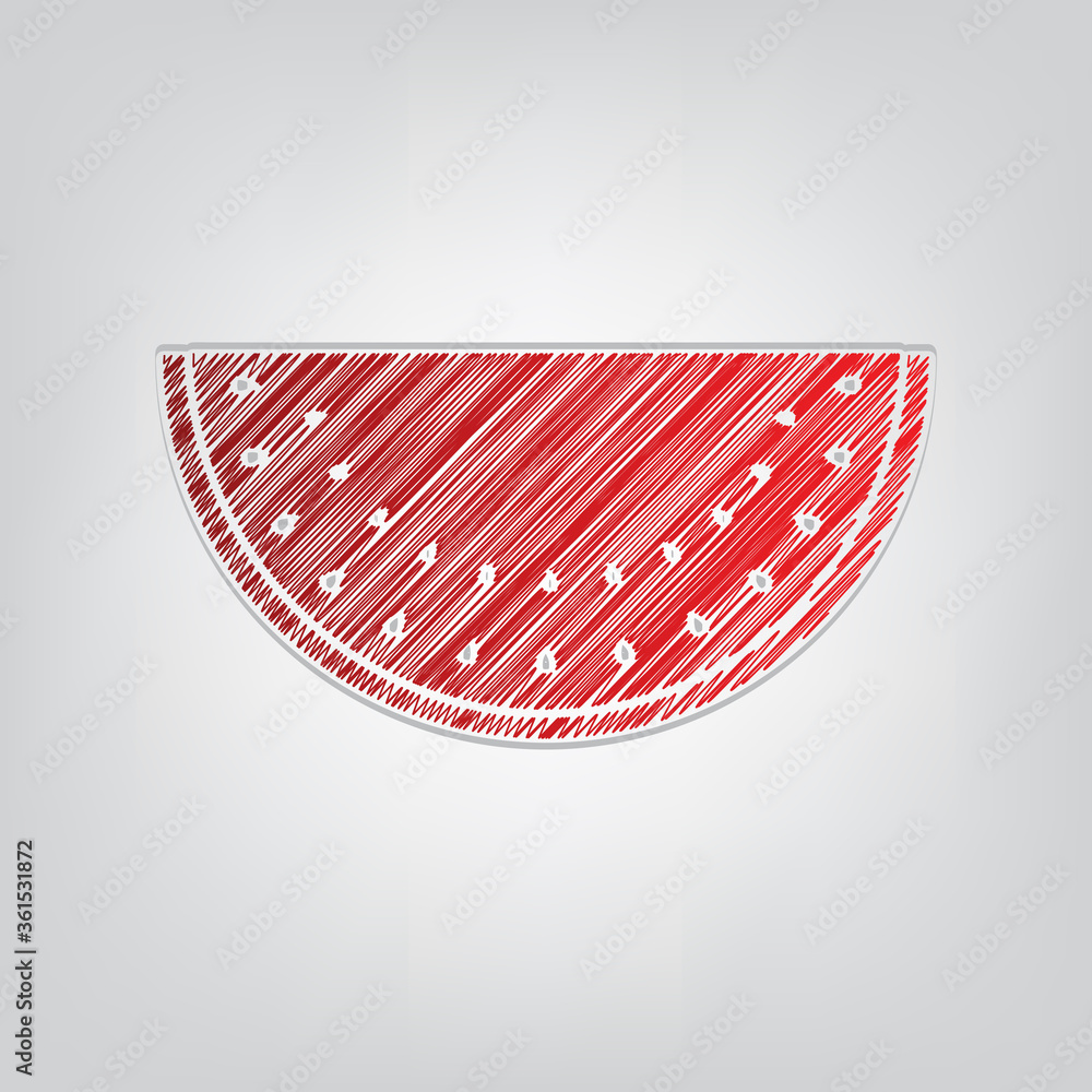 Aufkleber watermelon sign. red gradient scribble icon with artistic contour gray string on light gray backgrou