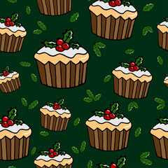 Christmas vector seamless pattern. Cupcakes background. New Year colorful texture  for wrapping, wallpaper, textile, scrapbooking. Hand drawn vector illustration in doodle style.