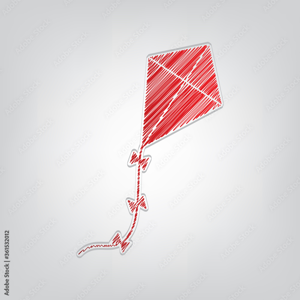 Poster kite sign. red gradient scribble icon with artistic contour gray string on light gray background. il