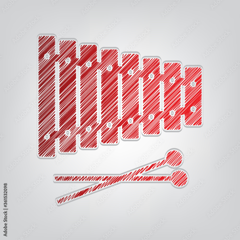 Poster xylophone sign. red gradient scribble icon with artistic contour gray string on light gray backgroun