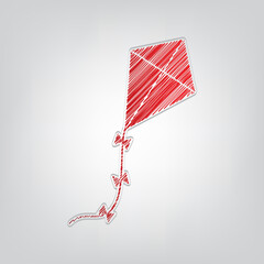 Kite sign. Red gradient scribble Icon with artistic contour gray String on light gray Background. Illustration.