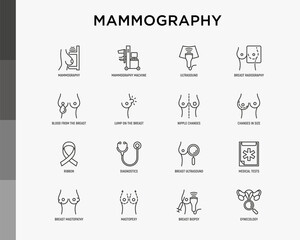 Mammography thin line icons set: ultrasound, breast radiography, nipple changes, lump on the breast, biopsy; mastopexy, mastopathy. Symptoms of breast cancer. Vector illustration.