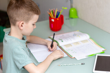 Distance learning online education. Schoolboy studying at home and doing school homework. Sitting chair with training books