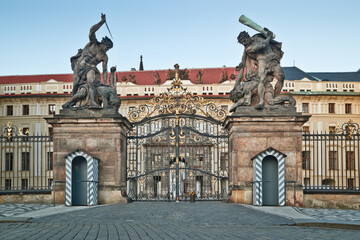 Matyas (main) gate of Prague castle upfront with typical guard posts without guard (during lockdown)