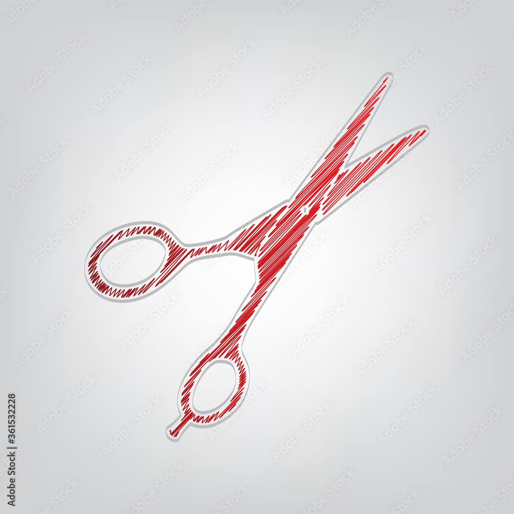 Poster hair cutting scissors sign. red gradient scribble icon with artistic contour gray string on light gr
