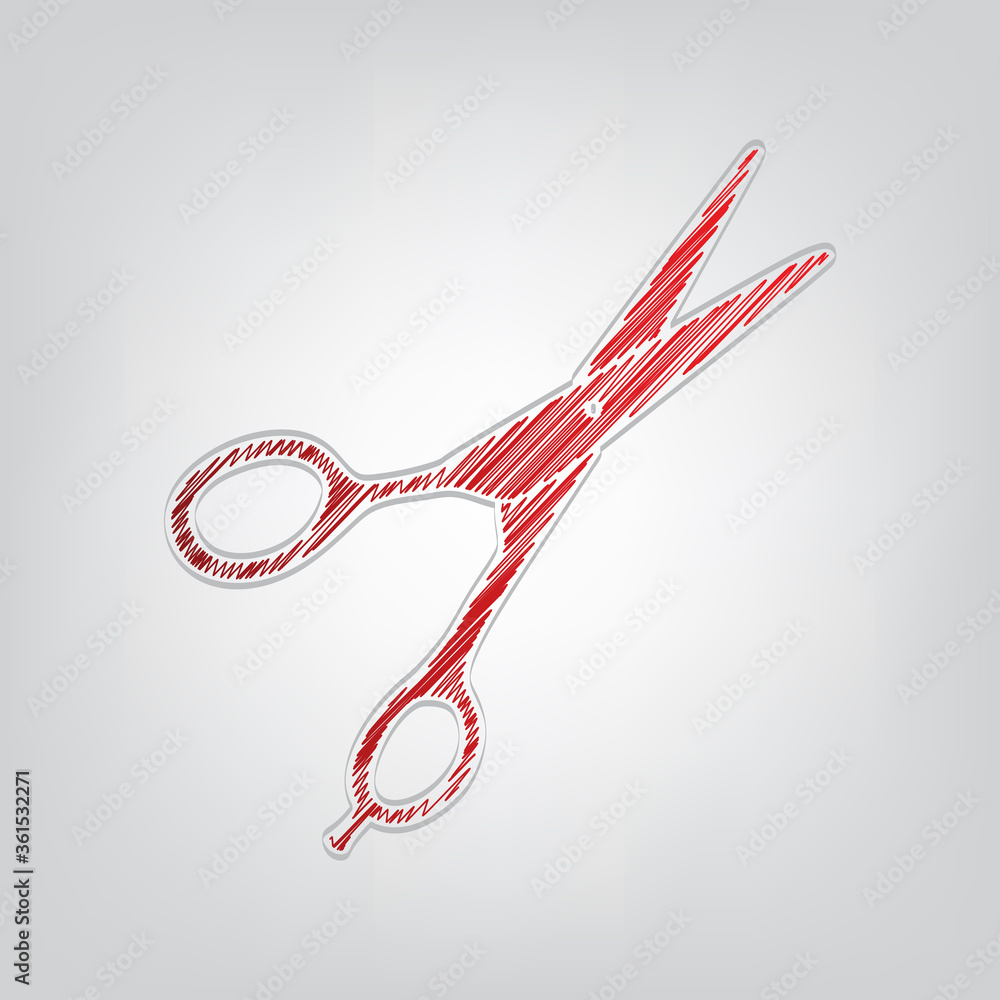 Poster hair cutting scissors sign. red gradient scribble icon with artistic contour gray string on light gr