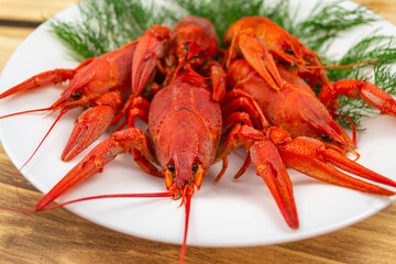 Boiled crayfish boiled ready to eat, wooden background.